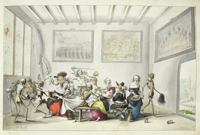 Framed Print : Cheerful company interrupted by death, 1660. Creator: Gesina ter Borch Framed Print : Cheerful company interrupted by death, 1660. Creator: Gesina ter Borch