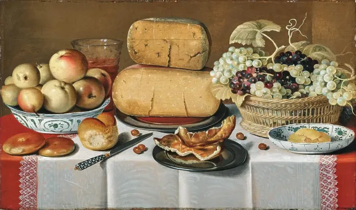 Framed Print : Cheeses on a pewter plate, grapes in a basket, apples in a porcelain Chinese bowl, bread rolls.... Creator: Koets; Roelof; the Elder (1592-1654) Framed Print : Cheeses on a pewter plate, grapes in a basket, apples in a porcelain Chinese bowl, bread rolls.... Creator: Koets; Roelof; the Elder (1592-1654)