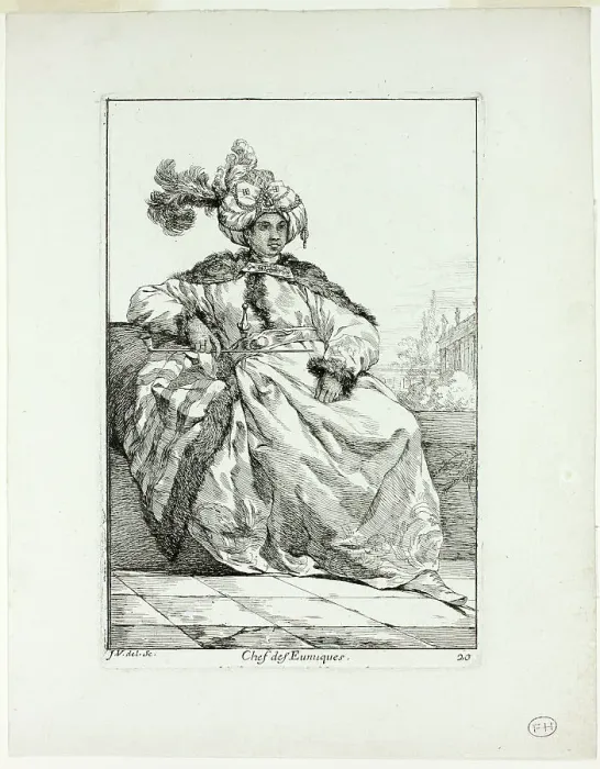 Framed Print : Chef des Eunuques, plate 20 from Caravanne du Sultan à la Mecque, 1748. Creator: Joseph-Marie Vien the Elder Framed Print : Chef des Eunuques, plate 20 from Caravanne du Sultan à la Mecque, 1748. Creator: Joseph-Marie Vien the Elder