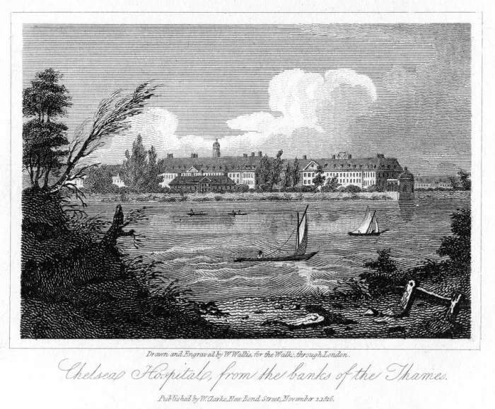 Framed Print : Chelsea Hospital, from the Banks of the Thames, London, 1816. Artist: W Wallis Framed Print : Chelsea Hospital, from the Banks of the Thames, London, 1816. Artist: W Wallis