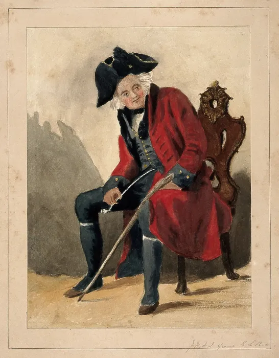 Framed Print : A Chelsea Pensioner, seated, wearing a red coat and tricorn hat, holding a pipe and a stick, 1750. Creator: Unknown Framed Print : A Chelsea Pensioner, seated, wearing a red coat and tricorn hat, holding a pipe and a stick, 1750. Creator: Unknown