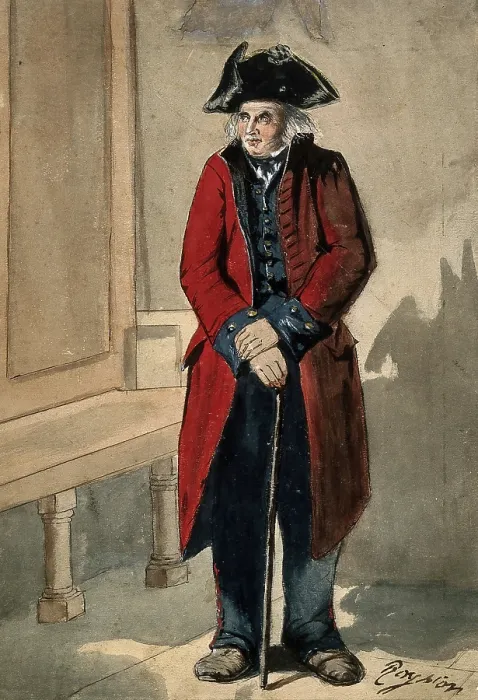 Framed Print : A Chelsea Pensioner standing in the hall at the Royal Hospital, leaning on his stick, c1680s.. Creator: Sir Christopher Wren Framed Print : A Chelsea Pensioner standing in the hall at the Royal Hospital, leaning on his stick, c1680s.. Creator: Sir Christopher Wren
