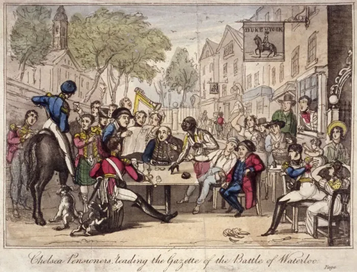 Framed Print : Chelsea Pensioners reading the gazette of the Battle of Waterloo, Chelsea, London Framed Print : Chelsea Pensioners reading the gazette of the Battle of Waterloo, Chelsea, London
