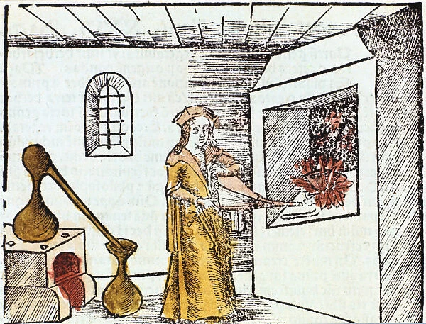 Chemist, 1508. A chemist or alchemist is using bellows to heat up the fire