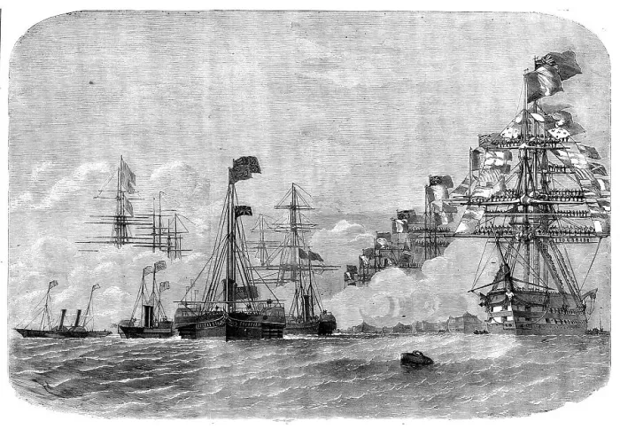 Framed Print : The Cherbourg Fetes - Arrival of Her Majesty at Cherbourg, 1858. Creator: Unknown Framed Print : The Cherbourg Fetes - Arrival of Her Majesty at Cherbourg, 1858. Creator: Unknown
