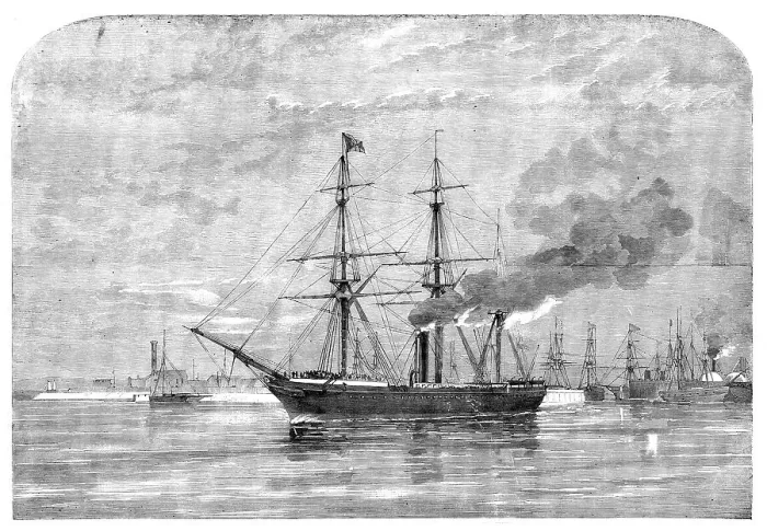 Framed Print : The Cherbourg Fetes - the Pera with Members of the House of Commons, leaving Southampton, 1858. Creator: Unknown. The Cherbourg Fetes - the Pera with Members of the House of Commons, leaving Southampton, 1858. Creator: Unknown Framed Print : The Cherbourg Fetes - the Pera with Members of the House of Commons, leaving Southampton, 1858. Creator: Unknown. The Cherbourg Fetes - the Pera with Members of the House of Commons, leaving Southampton, 1858. Creator: Unknown
