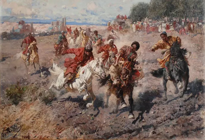Framed Print : Cherkess Celebrating the end of Muharram with the Equestrian Sport of the Dash for the Prize Lamb, 1889. Artist: Roubaud, Franz (1856-1928) Framed Print : Cherkess Celebrating the end of Muharram with the Equestrian Sport of the Dash for the Prize Lamb, 1889. Artist: Roubaud, Franz (1856-1928)