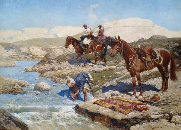 Cherkessian Horseman Crossing the River. Artist: Roubaud, Franz (1856-1928)