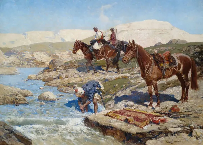 Framed Print : Cherkessian Horseman Crossing the River. Artist: Roubaud, Franz (1856-1928) Framed Print : Cherkessian Horseman Crossing the River. Artist: Roubaud, Franz (1856-1928)