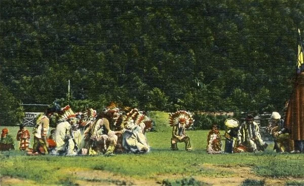 Cherokee Indians in Full Native Costume in one of their Ceremonial Dances - On Cherokee