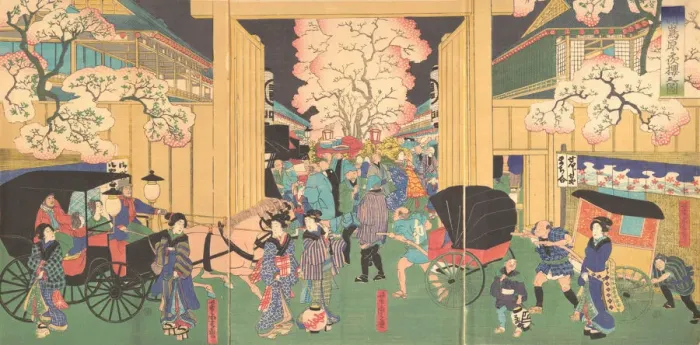 Framed Print : Cherries at Night at New Shimabara, 19th century. Creator: Utagawa Yoshitora Framed Print : Cherries at Night at New Shimabara, 19th century. Creator: Utagawa Yoshitora
