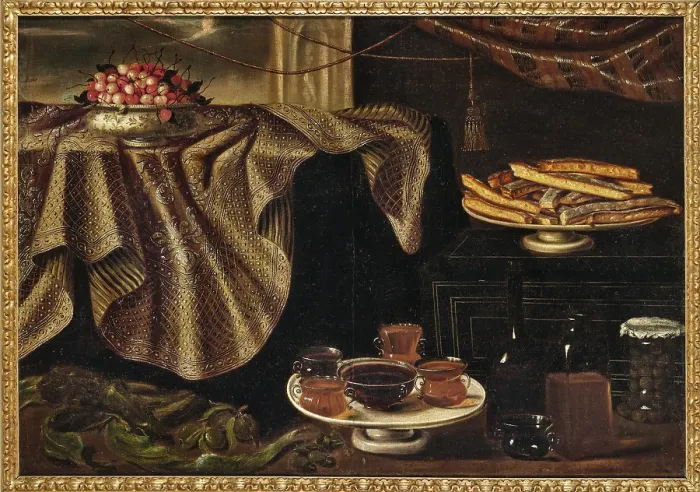 Framed Print : Cherries in a porcelain bowl on a draped table, a plate of cookies, jars of honey... Early 18th cen Creator: Anonymous
