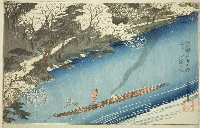 Framed Print : Cherry Blossoms in Full Bloom at Arashiyama (Arashiyama manka), from the series... c. 1834. Creator: Ando Hiroshige Framed Print : Cherry Blossoms in Full Bloom at Arashiyama (Arashiyama manka), from the series... c. 1834. Creator: Ando Hiroshige