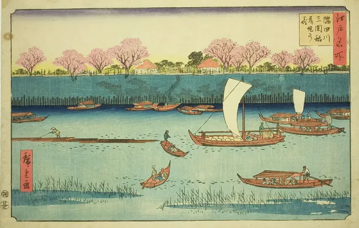 Framed Print : Cherry Trees along the Sumida River Embankment at the Mimeguri Inari Shrine... c. 1840 / 58. Creator: Ando Hiroshige Framed Print : Cherry Trees along the Sumida River Embankment at the Mimeguri Inari Shrine... c. 1840 / 58. Creator: Ando Hiroshige