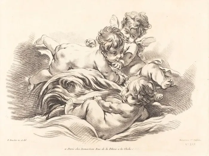 Framed Print : Three Cherubs Playing on Dolphin Like Wave. Creator: Gilles Demarteau Framed Print : Three Cherubs Playing on Dolphin Like Wave. Creator: Gilles Demarteau