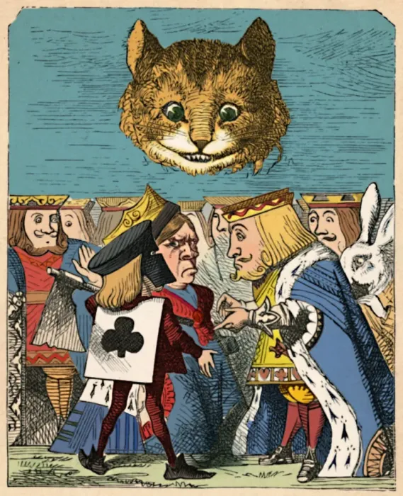 Framed Print : The Cheshire Cat looking down at the Red King and Queen having an argument, 1889. Artist: John Tenniel Framed Print : The Cheshire Cat looking down at the Red King and Queen having an argument, 1889. Artist: John Tenniel