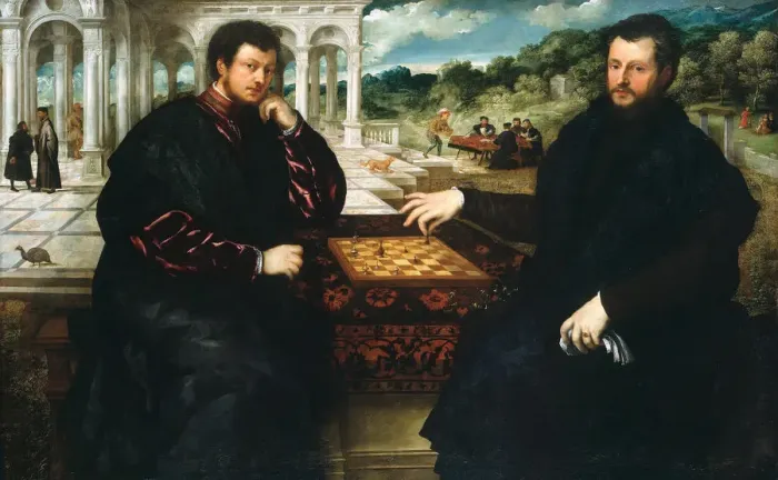 Framed Print : Two Chess Players, ca 1545. Creator: Bordone, Paris (1500-1571) Framed Print : Two Chess Players, ca 1545. Creator: Bordone, Paris (1500-1571)