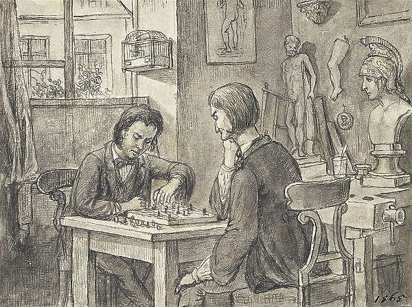 The chess players in the sculptor's studio, around 1870. Creator: Joseph Eugen Horwarter