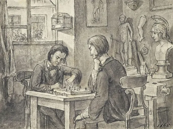 Framed Print : The chess players in the sculptor's studio, around 1870. Creator: Joseph Eugen Horwarter Framed Print : The chess players in the sculptor's studio, around 1870. Creator: Joseph Eugen Horwarter