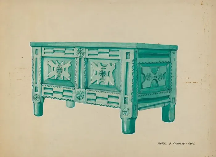 Framed Print : Chest for Clothing or Blankets, c. 1937. Creator: Majel G. Claflin Framed Print : Chest for Clothing or Blankets, c. 1937. Creator: Majel G. Claflin