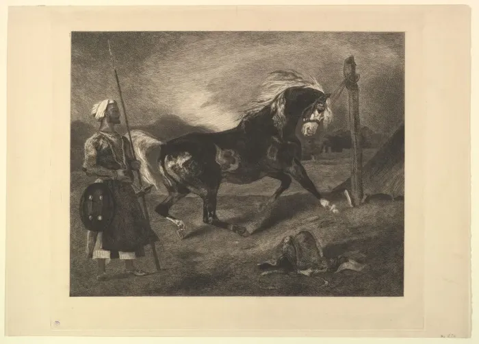 Framed Print : Cheval arabe au piquet, d apres Delacroix, 1857. Creator: Felix Bracquemond Framed Print : Cheval arabe au piquet, d apres Delacroix, 1857. Creator: Felix Bracquemond