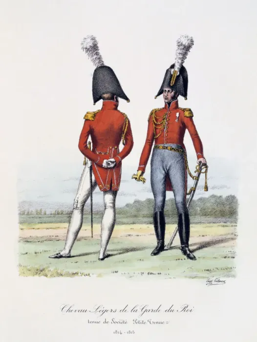 Framed Print : Chevau-Legers de la Garde du Roi, Tenue de Societe and Petite Tenue, 1814-15. Artist: Eugene Titeux Framed Print : Chevau-Legers de la Garde du Roi, Tenue de Societe and Petite Tenue, 1814-15. Artist: Eugene Titeux