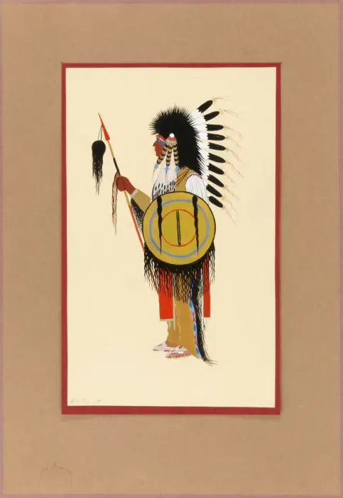 Framed Print : Cheyenne Warrior in Feather Headdress with Shield, ca. 1915-1937. Creator: Monroe Tsatoke Framed Print : Cheyenne Warrior in Feather Headdress with Shield, ca. 1915-1937. Creator: Monroe Tsatoke