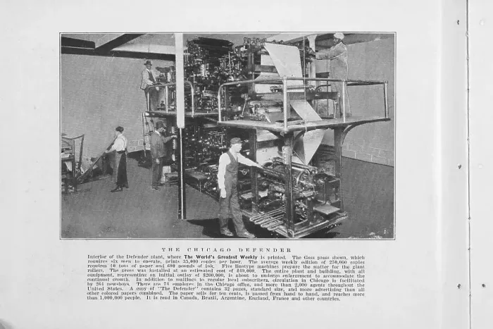 Framed Print : The Chicago Defender; Interior of the Defender plant, where the world's greatest weekly... 1925. Creator: Unknown Framed Print : The Chicago Defender; Interior of the Defender plant, where the world's greatest weekly... 1925. Creator: Unknown