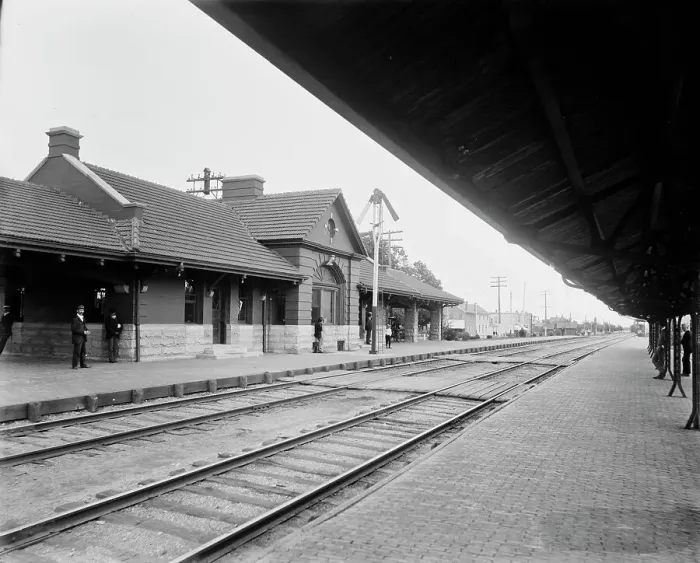 Framed Print : Chicago & North Western Railway station, Elmhurst, Ill. between 1880 and 1899. Creator: Unknown. Chicago & North Western Railway station, Elmhurst, Ill. between 1880 and 1899. Creator: Unknown Framed Print : Chicago & North Western Railway station, Elmhurst, Ill. between 1880 and 1899. Creator: Unknown. Chicago & North Western Railway station, Elmhurst, Ill. between 1880 and 1899. Creator: Unknown