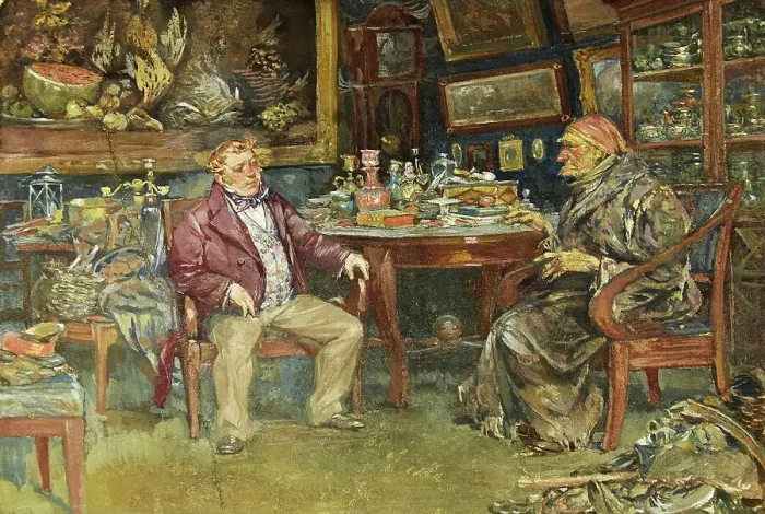 Framed Print : Chichikov at the house of Plyushkin. Illustration for the novel Dead Souls by N. Gogol, 1930. Creator: Topikov (Pravednikov), Evtikhy Ivanovich (1890-1945) Framed Print : Chichikov at the house of Plyushkin. Illustration for the novel Dead Souls by N. Gogol, 1930. Creator: Topikov (Pravednikov), Evtikhy Ivanovich (1890-1945)