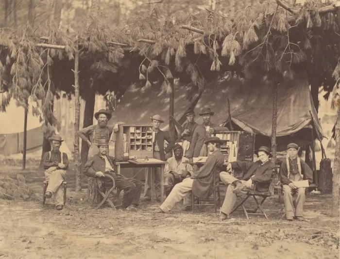 Framed Print : Chief Officer and Clerks of the Ambulance Department, 9th Army Corps, in Front of P Framed Print : Chief Officer and Clerks of the Ambulance Department, 9th Army Corps, in Front of P