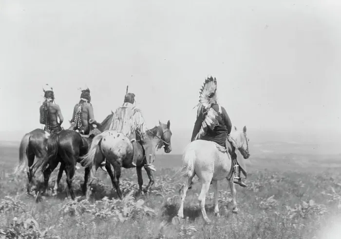 Framed Print : The chief and his staff, Apsaroke Indians, c1905. Creator: Edward Sheriff Curtis Framed Print : The chief and his staff, Apsaroke Indians, c1905. Creator: Edward Sheriff Curtis