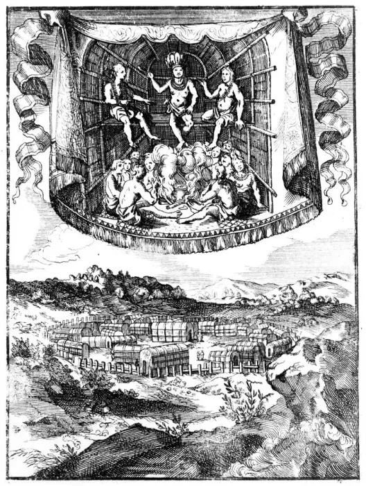 Framed Print : Chief Wahunsonacock smoking in his hut, 1686 Framed Print : Chief Wahunsonacock smoking in his hut, 1686