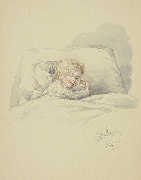 Child Asleep (recto), and Fishermen on Dock (verso), 1847. Creator: Elizabeth Murray