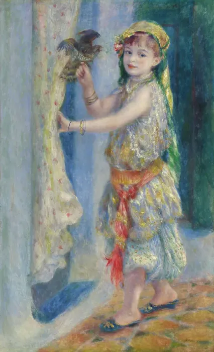 Framed Print : Child With A Bird (Mademoiselle Fleury In Algerian Costume), 1882. Creator: Pierre-Auguste Renoir Framed Print : Child With A Bird (Mademoiselle Fleury In Algerian Costume), 1882. Creator: Pierre-Auguste Renoir