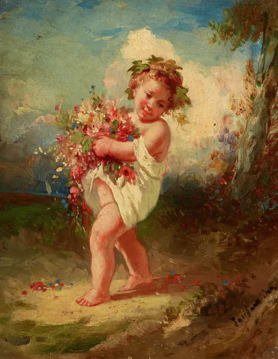 Framed Print : Child Carrying Flowers, c1850. Creator: Francois Louis Lanfant De Metz Framed Print : Child Carrying Flowers, c1850. Creator: Francois Louis Lanfant De Metz