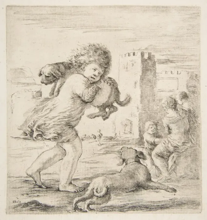 Framed Print : Child Carrying a Puppy on his Shoulder, ca. 1662. Creator: Stefano della Bella Framed Print : Child Carrying a Puppy on his Shoulder, ca. 1662. Creator: Stefano della Bella