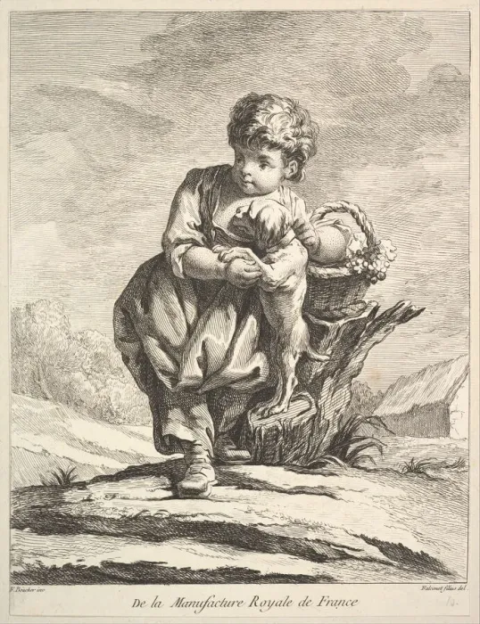 Framed Print : Child with a dog, holding a basket of grapes, from Premier Livre de Figures d aprè Framed Print : Child with a dog, holding a basket of grapes, from Premier Livre de Figures d aprè