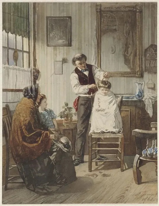 Framed Print : Child at the hairdresser, 1862. Creator: Diederik Franciscus Jamin Framed Print : Child at the hairdresser, 1862. Creator: Diederik Franciscus Jamin