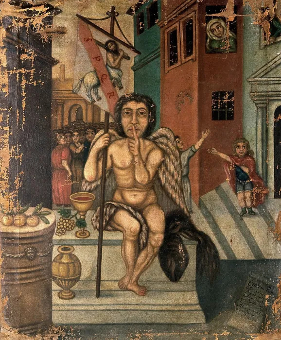 Framed Print : The child Papirius saluting Harpocrates as god of silence, c17th century. Creator: Unknown Framed Print : The child Papirius saluting Harpocrates as god of silence, c17th century. Creator: Unknown