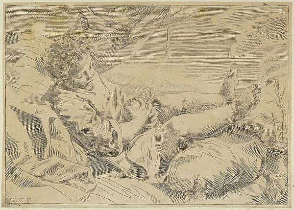 A child sleeping on a cushion, holding a piece of fruit (?), a curtain behind him, ... 17th century. Creator: Anon