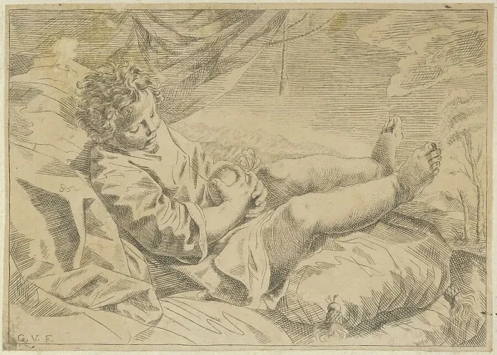 Framed Print : A child sleeping on a cushion, holding a piece of fruit (?), a curtain behind him... 17th century. Creator: Anon Framed Print : A child sleeping on a cushion, holding a piece of fruit (?), a curtain behind him... 17th century. Creator: Anon