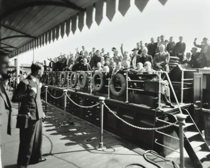 Framed Print : Children aboard a steamer moored at Westminster Pier, London, 1937 Framed Print : Children aboard a steamer moored at Westminster Pier, London, 1937