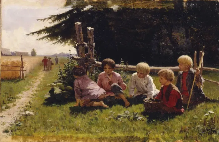 Framed Print : Children in ambush. Artist: Pryanishnikov, Illarion Mikhailovich (1840-1894) Framed Print : Children in ambush. Artist: Pryanishnikov, Illarion Mikhailovich (1840-1894)