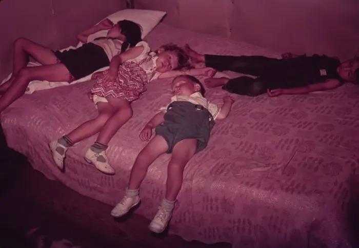 Framed Print : Children asleep on bed during square dance, McIntosh County, Okla. 1939 or 1940. Creator: Russell Lee Framed Print : Children asleep on bed during square dance, McIntosh County, Okla. 1939 or 1940. Creator: Russell Lee