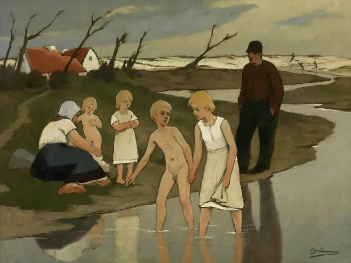 Framed Print : Children Bathing, c1890-1940. Creator: Eugene Laermans Framed Print : Children Bathing, c1890-1940. Creator: Eugene Laermans