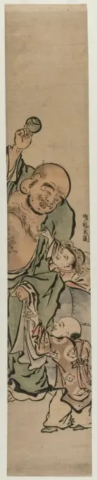Framed Print : Two Children Begging Hotei for a Jewel, c. 1770s. Creator: Isoda Koryusai (Japanese) Framed Print : Two Children Begging Hotei for a Jewel, c. 1770s. Creator: Isoda Koryusai (Japanese)