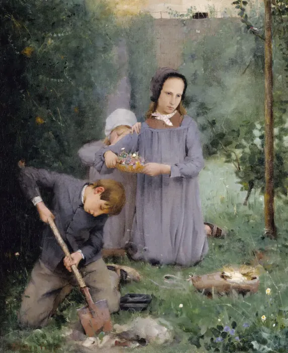 Framed Print : Children Burying a Bird, 1878. Creator: Julian Alden Weir Framed Print : Children Burying a Bird, 1878. Creator: Julian Alden Weir