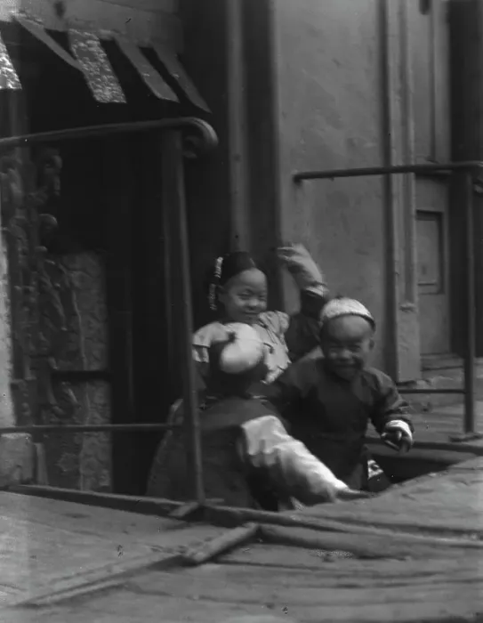 Framed Print : Three children in front of a cellar door, Chinatown, San Francisco, between 1896 and 1906. Creator: Arnold Genthe Framed Print : Three children in front of a cellar door, Chinatown, San Francisco, between 1896 and 1906. Creator: Arnold Genthe