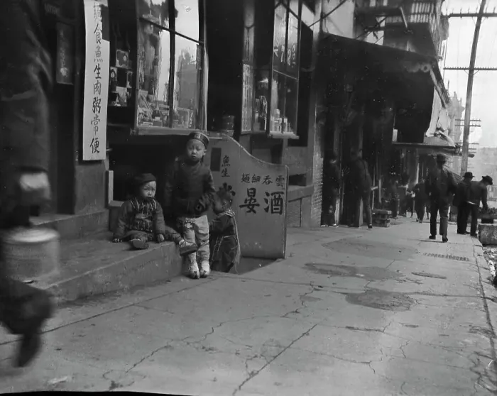 Framed Print : Three children in front of a cellar door, Chinatown, San Francisco, between 1896 and 1906. Creator: Arnold Genthe Framed Print : Three children in front of a cellar door, Chinatown, San Francisco, between 1896 and 1906. Creator: Arnold Genthe